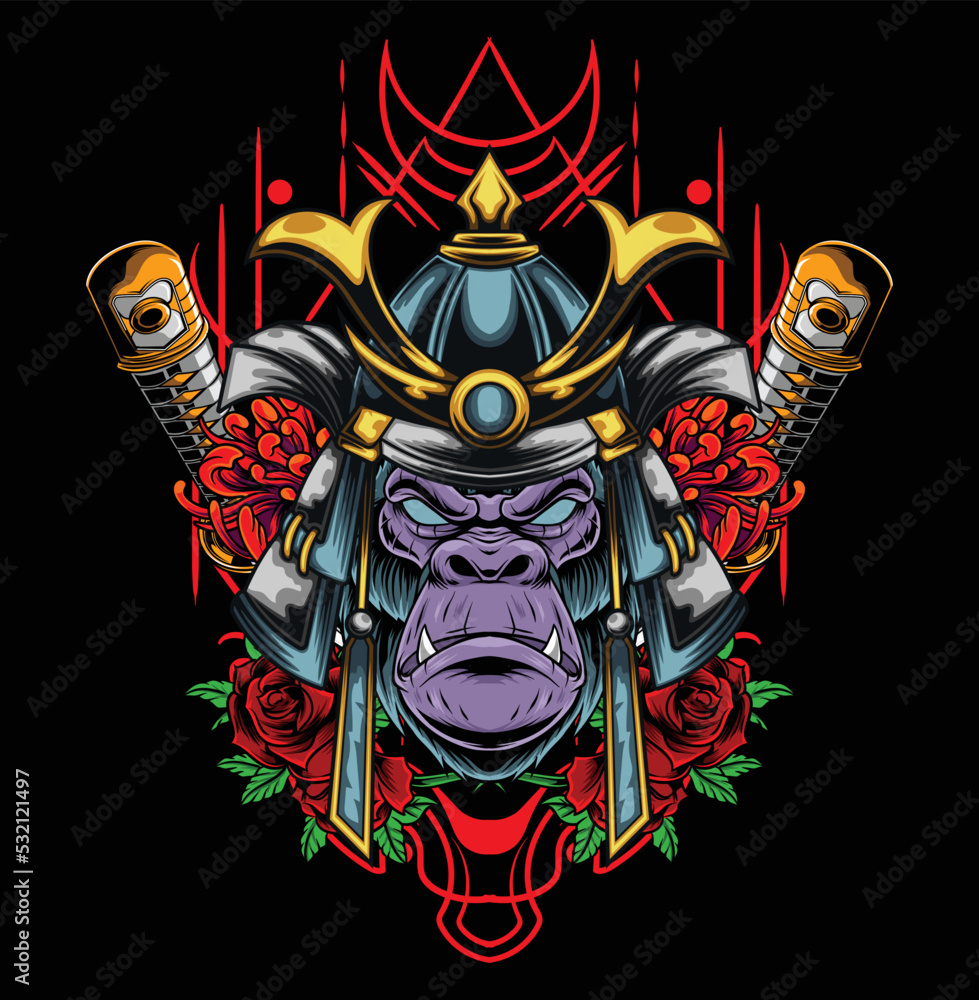 Vector illustration of gorilla wearing samurai mask with japanese style