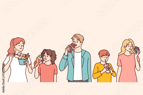 Diverse people eating different food. Happy adults and children enjoy tasty products. Nutrition and diet. Vector illustration. 