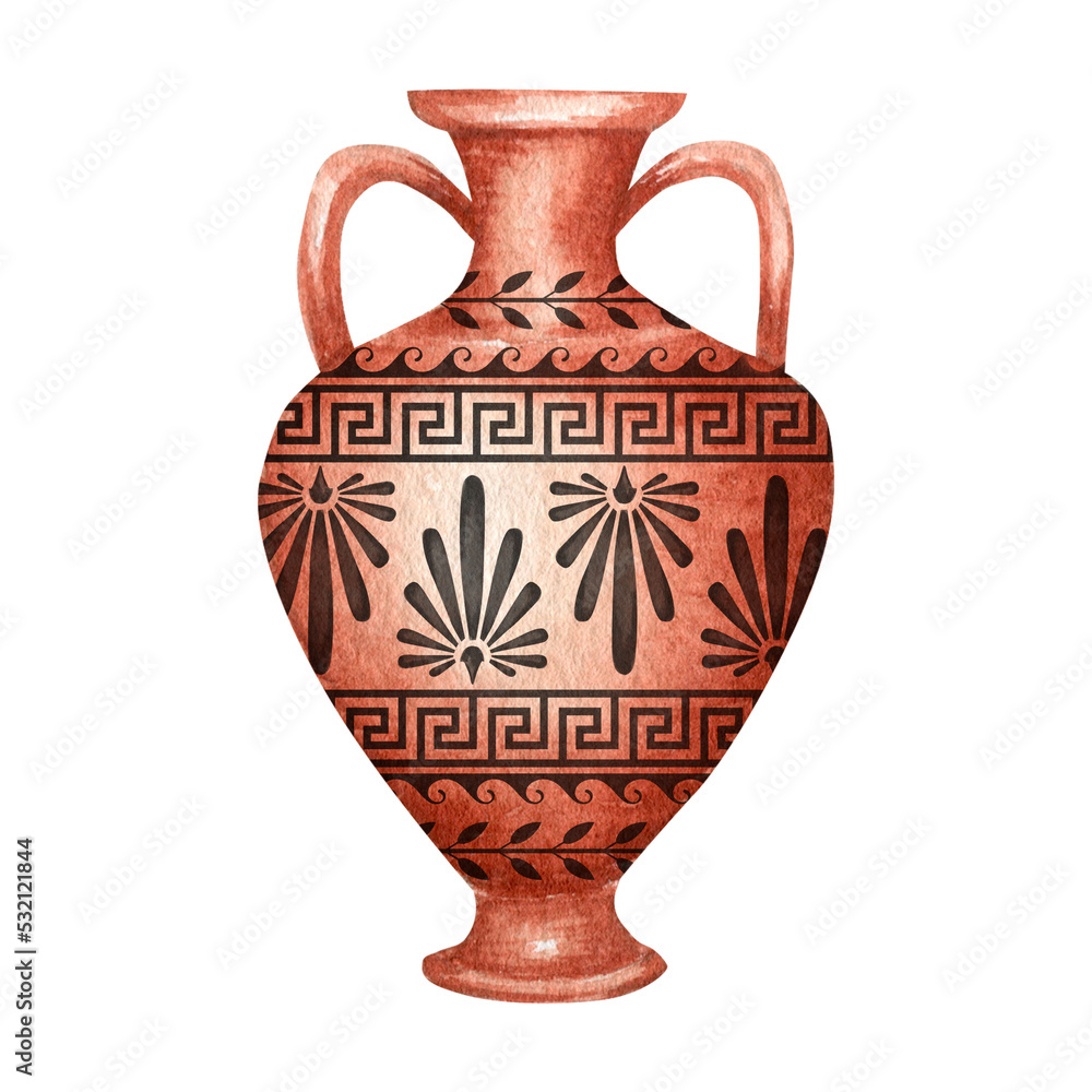 Ancient Greece Pottery watercolor Antique Greek vases terracotta jug. Old clay amphora, pot, urn, jar for wine, olive oil. Vintage ceramic icon isolated illustration
