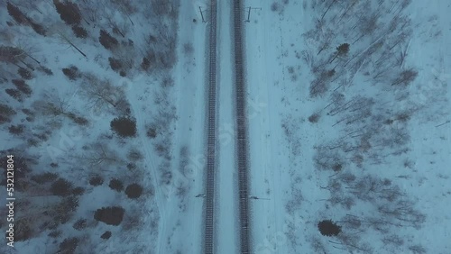 aerial view of rails discovering the city of Bailkalsk in winter photo