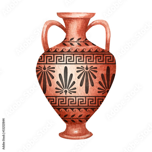 Ancient Greece Pottery watercolor Antique Greek vases terracotta jug. Old clay amphora, pot, urn, jar for wine, olive oil. Vintage ceramic icon isolated illustration