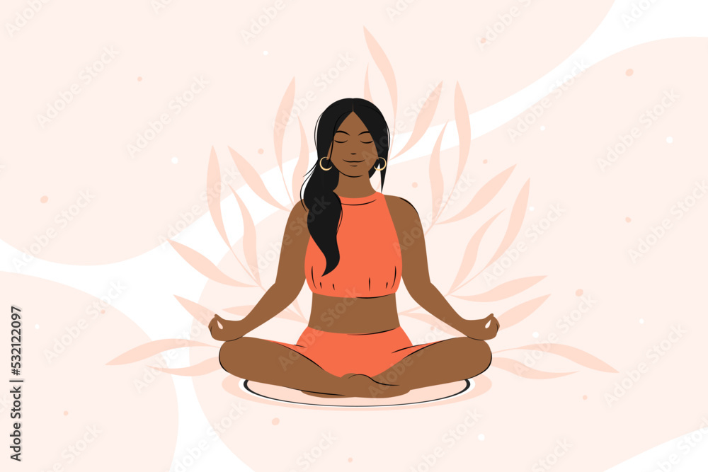 Woman with dark skin and hair meditating, practicing yoga. Vector illustration.