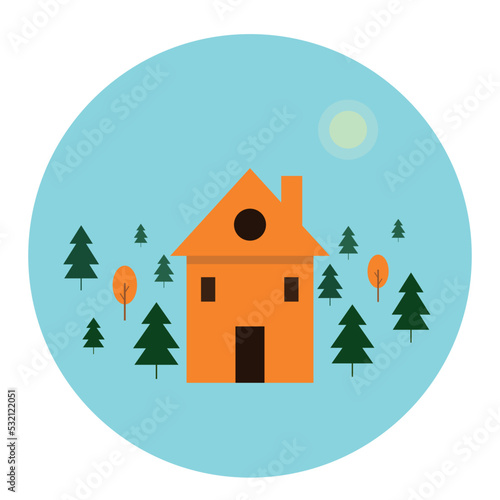 eco-house, house in the winter forest. Cartoon house and Christmas trees - vector flat illustration.
