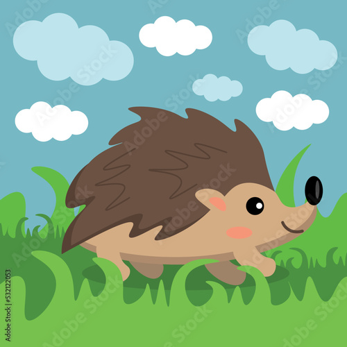 Autumn hedgehog with thorns in the grass