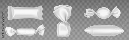 Blank wrappers of candies and chocolates, 3d white plastic packs. Vector realistic mockup of sweets wraps, empty template of packages for bonbon, snacks and hard sugar candies