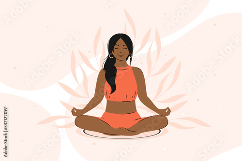 Woman with dark skin and hair meditating, practicing yoga. Vector illustration.