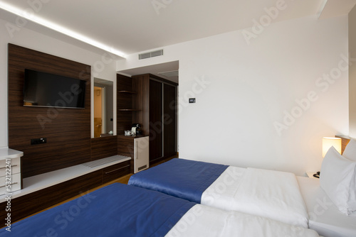 Interior of a double bed hotel bedroom