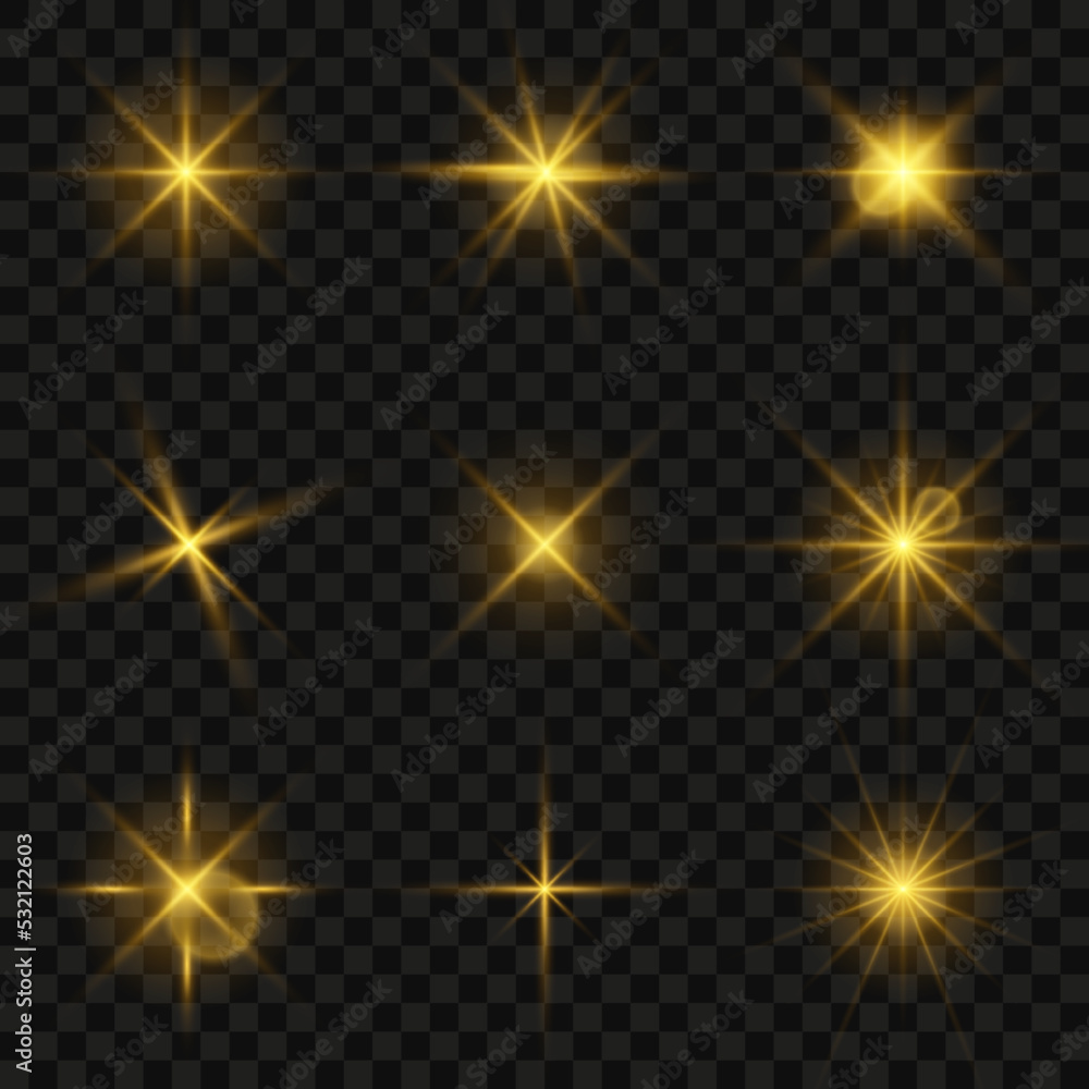Glowing star light effect collection. Light effect of sparkling stars and bright flashes. Golden sparkles and particles with glowing light. Golden flickers isolated on transparent background. Vector Glowing star light effect collection. Light effect of sparkling stars and bright flashes. Golden sparkles and particles with glowing light. Golden flickers isolated on transparent background. Vector