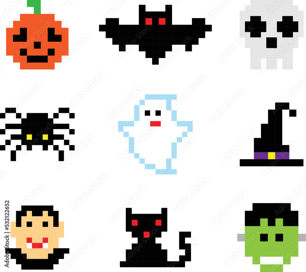 Halloween pixel art. Isolated vector illustration. 8-bit sprite. Halloween pixel art. Isolated vector illustration. 8-bit sprite.