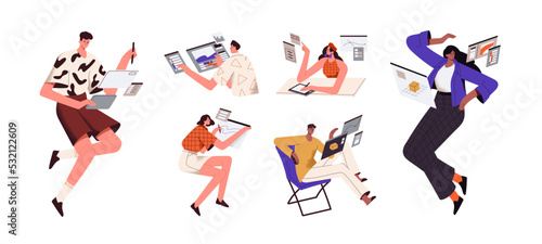 Digital artists set. Creative people, 3d and graphic designers, illustrators designing and drawing on tablet PC screen, painting and sketching. Flat vector illustrations isolated on white background