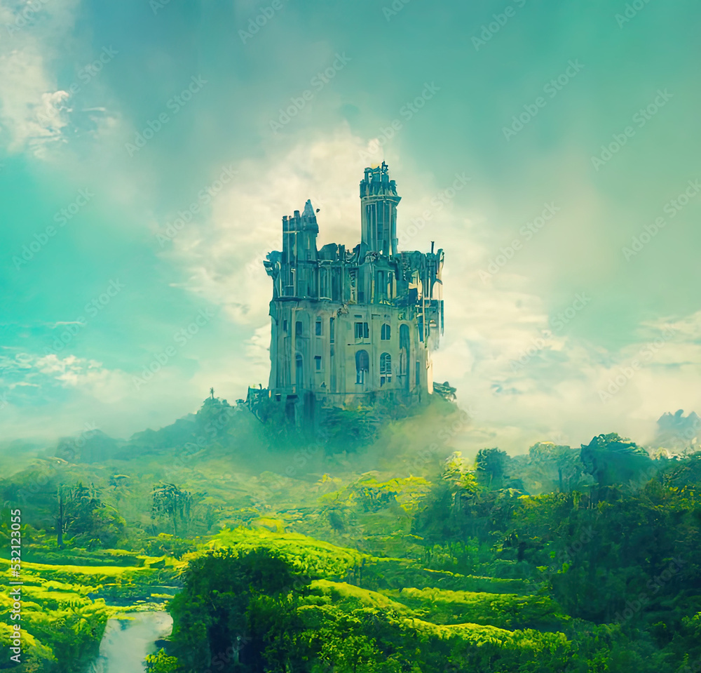 Immortal Legendary Majestic Medieval Ancient Royal Castles. Fantasy Backdrop Concept Art Realistic Illustration. Video Game Background Digital Painting CG Scenery Artwork. Serious Book Illustration
