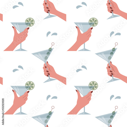 Vector seamless pattern with female hands holds martini glass. Alcohol drinks wallpaper.