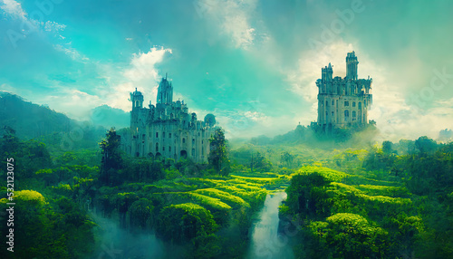 Immortal Legendary Majestic Medieval Ancient Royal Castles. Fantasy Backdrop Concept Art Realistic Illustration. Video Game Background Digital Painting CG Scenery Artwork. Serious Book Illustration 