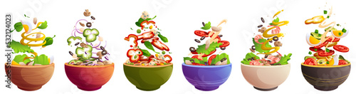 Bowls with salad, healthy food with vegetables. Vector cartoon set of meal dishes for lunch or dinner with flying ingredients, lettuce, cucumber and tomato slices, pepper, egg and sauce