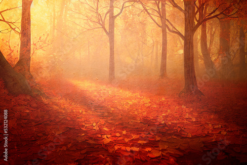 Autumn forest with fallen red leaves and sun rays