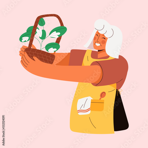 Elderly senior woman happy with fresh floral bunch in wicker basket. Granny, grandmother with flower gift in hands, chamomile blooms. Flat graphic vector illustration isolated on white background