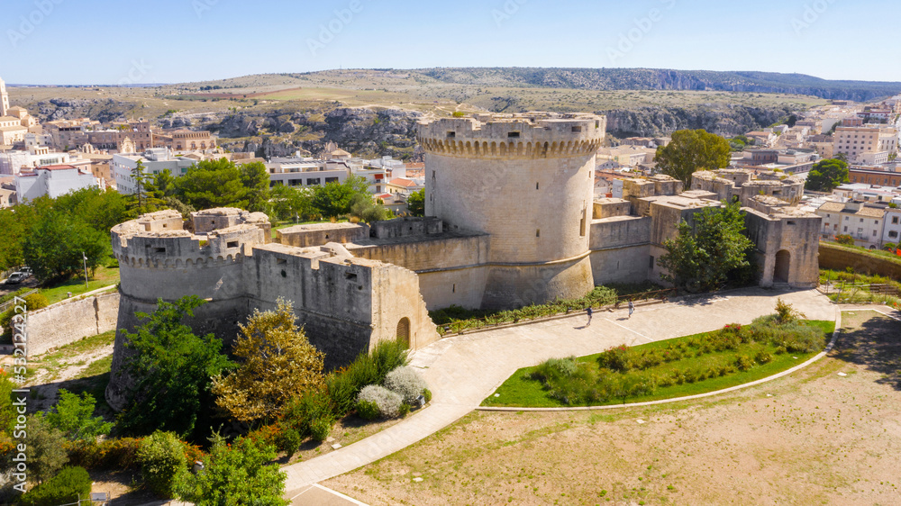 Aerial view of Castello Tramontano, a 16th century fortification in Aragonese style in Matera, Basilicata, Italy. The castle is situated on a hill above the historical centre of the city.