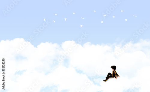 Boy sitting on the clouds watching a flock of birds flying in the sky. Fantasy adventure concept. Digital art style. illustration painting