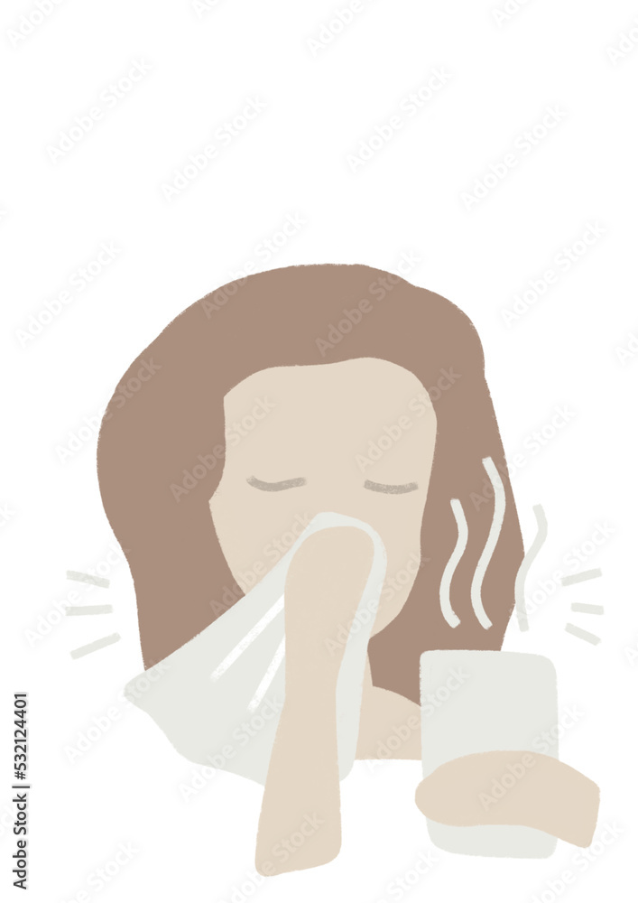 Runny nose, cold, flue, coronavirus clipart. Woman blowing her nose. Sickness illustration. Woman holding Runny nose, cold, flue, coronavirus clipart. Woman blowing her nose. Sickness illustration. Woman holding