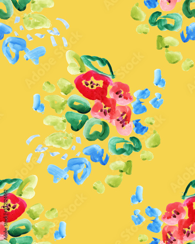 Wallpaper Mural Simple flower silhouettes seamless pattern. Colorful brush texture, rough strokes. Hand drawn botanical watercolor ornament with floral motif on yellow background. Naive, infantile art. Torontodigital.ca