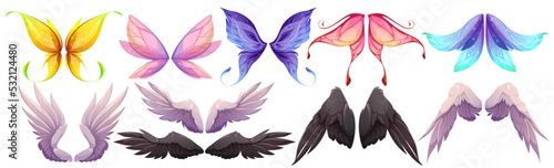 Different wings of fairy, butterfly, bird, angel with black and white feathers. Vector cartoon set of wings pairs of magic and fantasy characters and animals isolated on white background