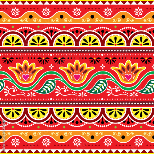 Indian and Pakistani truck art vector seamless pattern design with flowers and leaves in red and yellow 