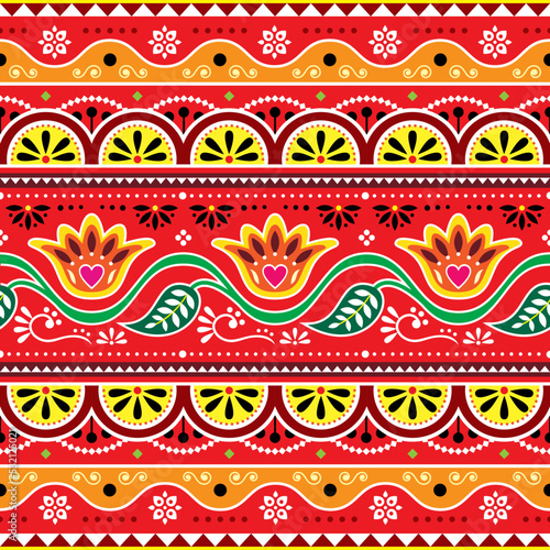 Indian and Pakistani truck art vector seamless pattern design with flowers and leaves in red and yellow
