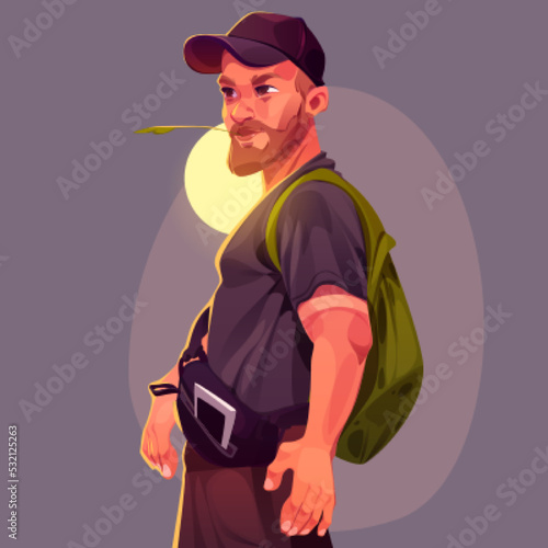 Mature man with backpack and straw in mouth. Cartoon male character portrait, bearded thoughtful guy wear casual clothes, cap, purse with phone and rucksack, traveler or dweller, Vector illustration
