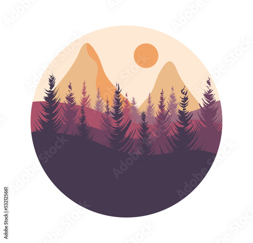 Forest sunset mountains vector illustration
