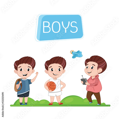 Happy boys characters outdoor activity. Basketball game, hiking with backpack, playing with radio control plane. Interesting children life poster, happy childhood vector illustration