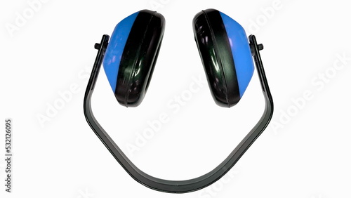 Blue Protective Ear Muffs Isolated on a white background. Noise Reduction Concept. Design Banner. Selective Focus