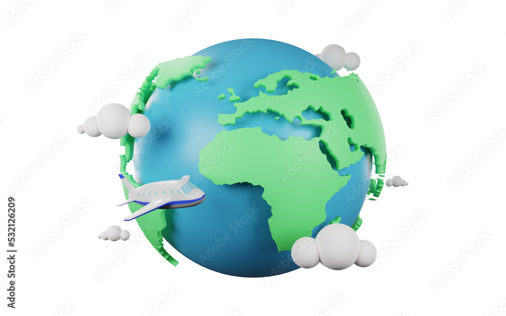 world map 3D rendering isolated object, World planet, global warming, globe and plane.