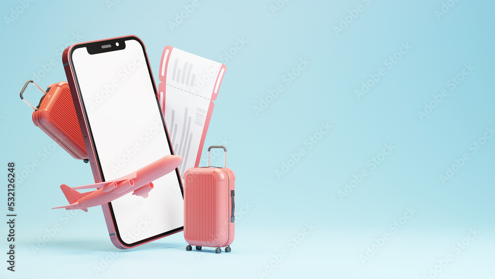 3d rendering online flight ticket book on smartphone mobile illustration - obrazy, fototapety, plakaty 