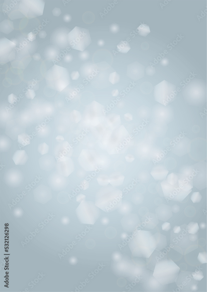 Vector Magical Glowing Background with Silver and Purple Falling Hexagon on Blue. Falling Snow. Glittery Confetti Frame. Christmas and New Year Design. Winter Sky. Summer Sunshine. Water Bokeh Splash.