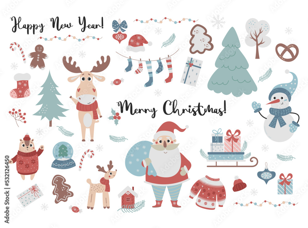 Collection Christmas, cute cartoon characters Santa Claus, snowman and funny animals deer and chipmunk, tree, socks, sleigh with gifts and Christmas sweater with gingerbread. Vector isolated elements.