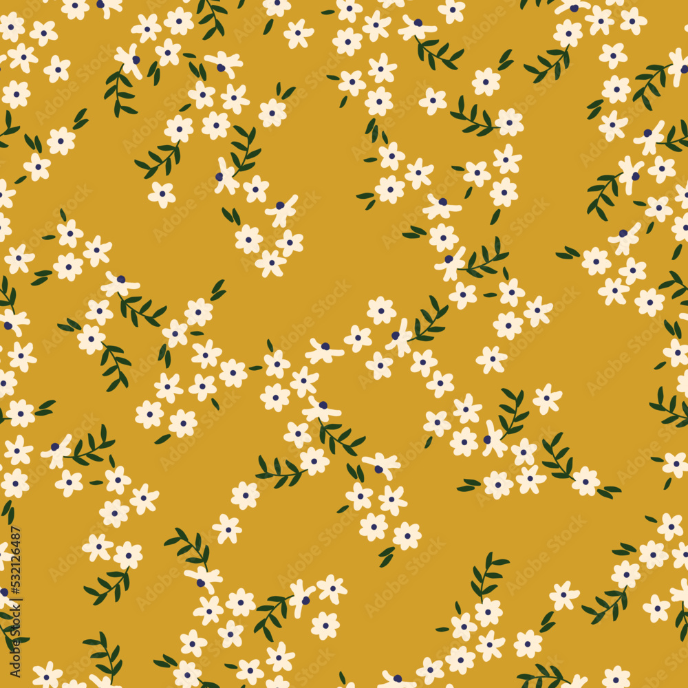 Simple vintage pattern. small white flowers. green leaves. yellow background. Fashionable print for textiles and wallpaper.
