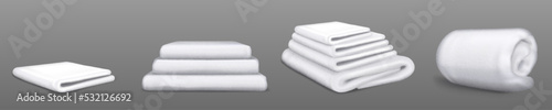White towels, isolated terrycloth, home textile rolled, folded and stacked in piles. Realistic clean bathroom domestic or hotel stuff for hygiene and shower procedures, terry 3d vector illustration