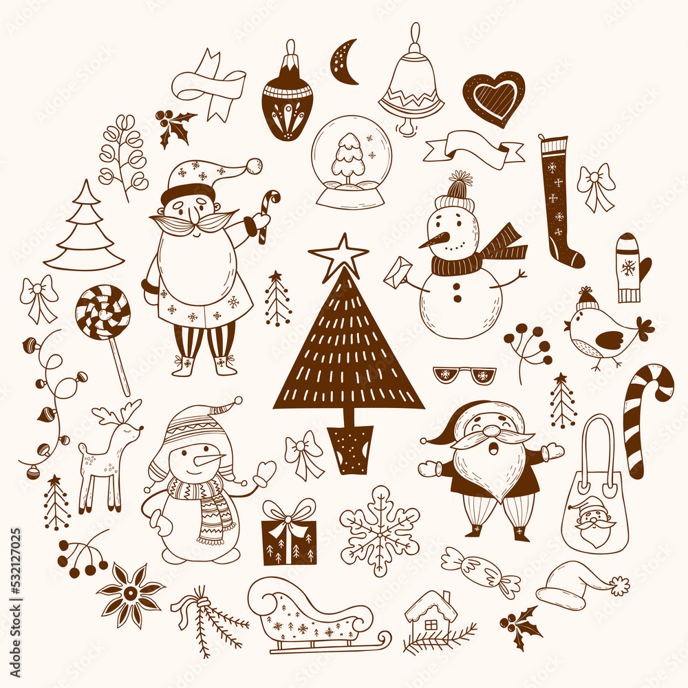 Vector Christmas doodles. Cute characters old man Santa Claus, snowmen in knitted clothes, New Years decor, snowflakes and gifts, Christmas tree and candy canes. Isolated hand drawings for decor Vector Christmas doodles. Cute characters old man Santa Claus, snowmen in knitted clothes, New Years decor, snowflakes and gifts, Christmas tree and candy canes. Isolated hand drawings for decor