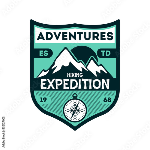 Adventures expedition vintage isolated badge. Outdoor hiking symbol, mountain and forest explorer, touristic extreme trip label vector illustration