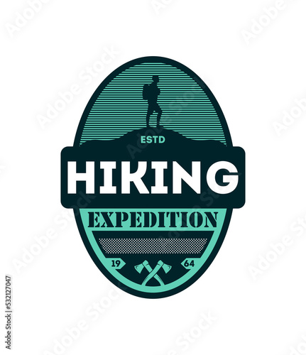 Hiking outdoor expedition vintage isolated badge. Nature adventure symbol, mountain and forest explorer, touristic extreme trip label vector illustration