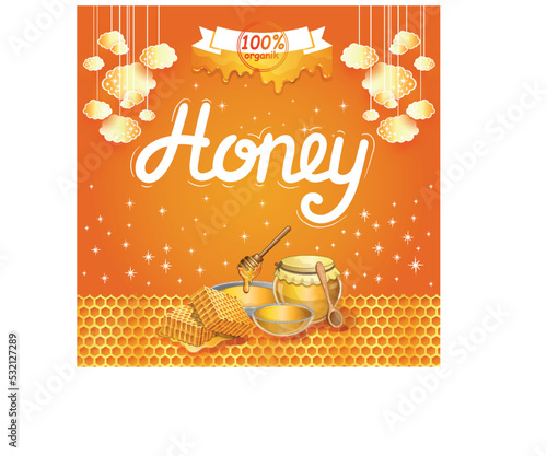Natural honey advertising in cartoon style. Honey jar, honeycomb and honey stick on orange background. Organic and tasty product, traditional and healthy food, sweet delicacy vector illustration.