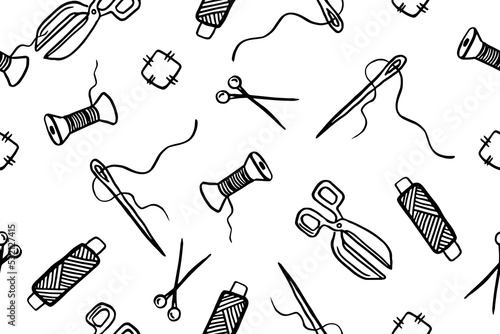 Seamless pattern with hand drawn sewing retro elements. Vector illustration hand drawn sewing tools