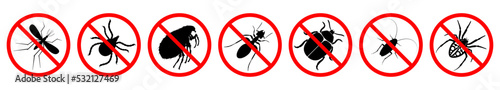 Insect ban signs set. Pest is forbidden. Prohibition of various parasitic insects. Red STOP sign. Vector illustration.