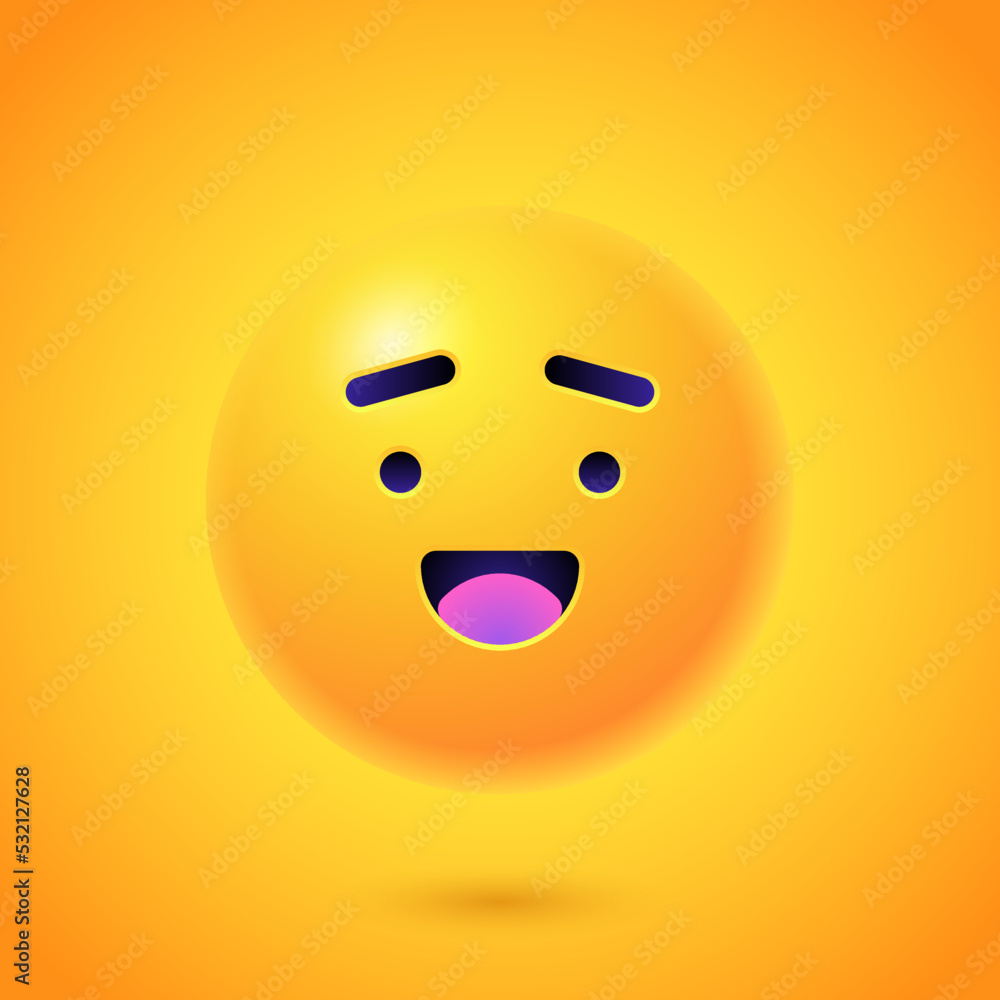 Round 3d Emoticon. Yellow Emoji face emoticon smile, digital smiley expression emotion feelings, chat cartoon emotes. Vector illustration icon on yellow background Round 3d Emoticon. Yellow Emoji face emoticon smile, digital smiley expression emotion feelings, chat cartoon emotes. Vector illustration icon on yellow background