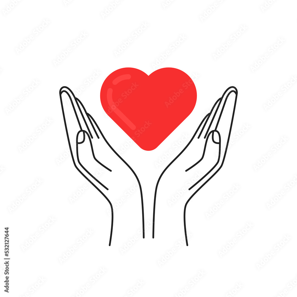 two thin line human hand with big red heart two thin line human hand with big red heart