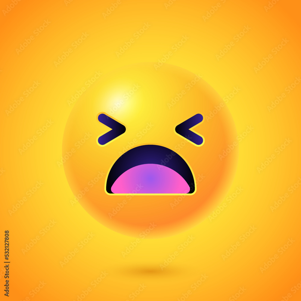 Round 3d Emoticon. Yellow Emoji face emoticon smile, digital smiley expression emotion feelings, chat cartoon emotes. Vector illustration icon on yellow background Round 3d Emoticon. Yellow Emoji face emoticon smile, digital smiley expression emotion feelings, chat cartoon emotes. Vector illustration icon on yellow background
