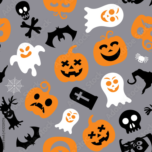 Seamless vector pattern for Halloween design. Halloween symbols: ghost, bat, pumpkin in cartoon style. Vector Illustration