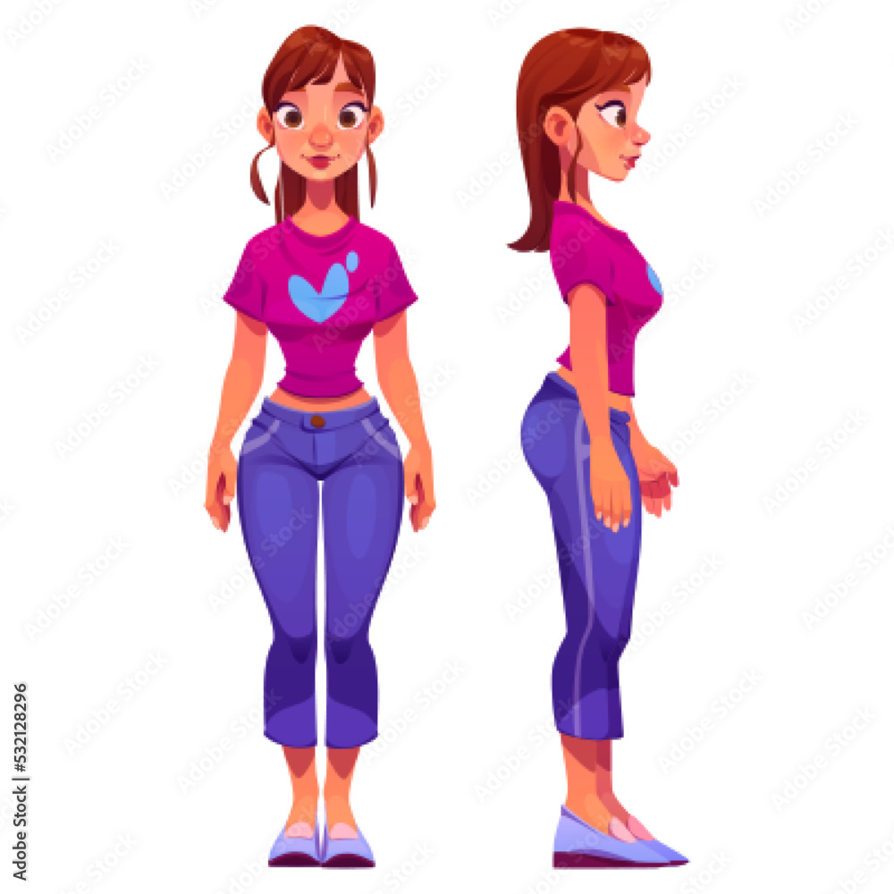 Standing pretty woman in front and side view. Vector cartoon illustration of smiling girl in casual clothes. Beautiful young woman fashion model in jeans isolated on white background Standing pretty woman in front and side view. Vector cartoon illustration of smiling girl in casual clothes. Beautiful young woman fashion model in jeans isolated on white background