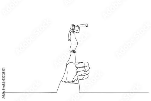 Cartoon of arab businessman standing on giant thumb using telescope to look into the distance. Single continuous line art style