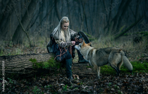 Viking woman with sword in a traditional warrior clothes with a dog-wolf in the woods - Movie and Book Cover